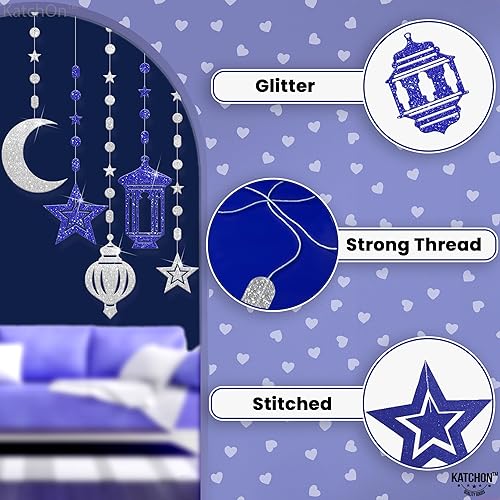 Miniatura 3 de KatchOn, Pancarta de feliz Ramadán plateado y azul  6 cuerdas, sin bricolaje  Decoración de luna de Ramadán para decoraciones colgantes de Ramadán