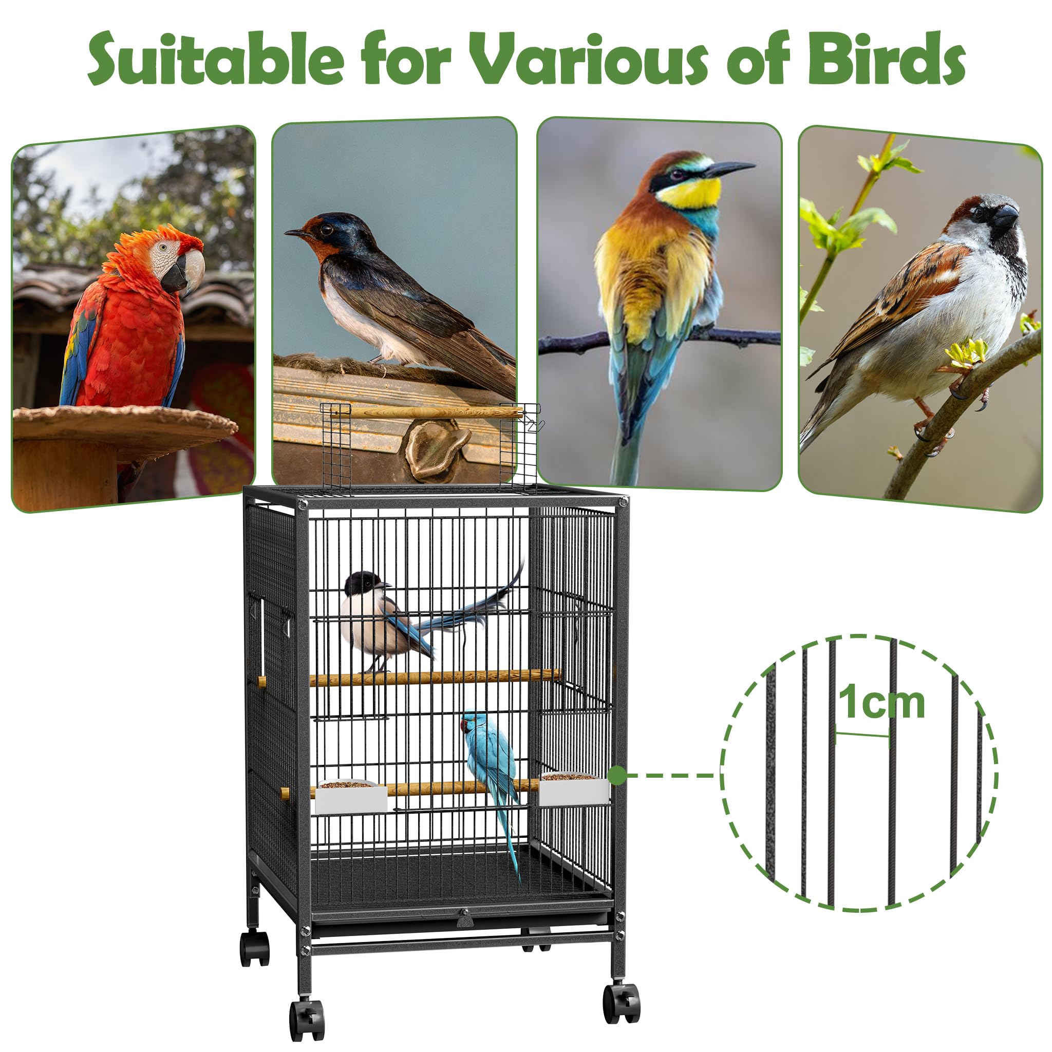 UISEBRT Jaula para pájaros con ruedas, barras de madera y comederos - Gran jaula para pájaros, voliera de madera, casa para pájaros, jaula de metal para pájaros para pinzones, canarios, periquitos