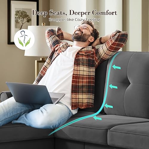 Miniatura 5 de Sofás para sala de estar, sofá modular de terciopelo de 83 pulgadas con otomana móvil, moderno sofá seccional pequeño de mediados de siglo, sofá en