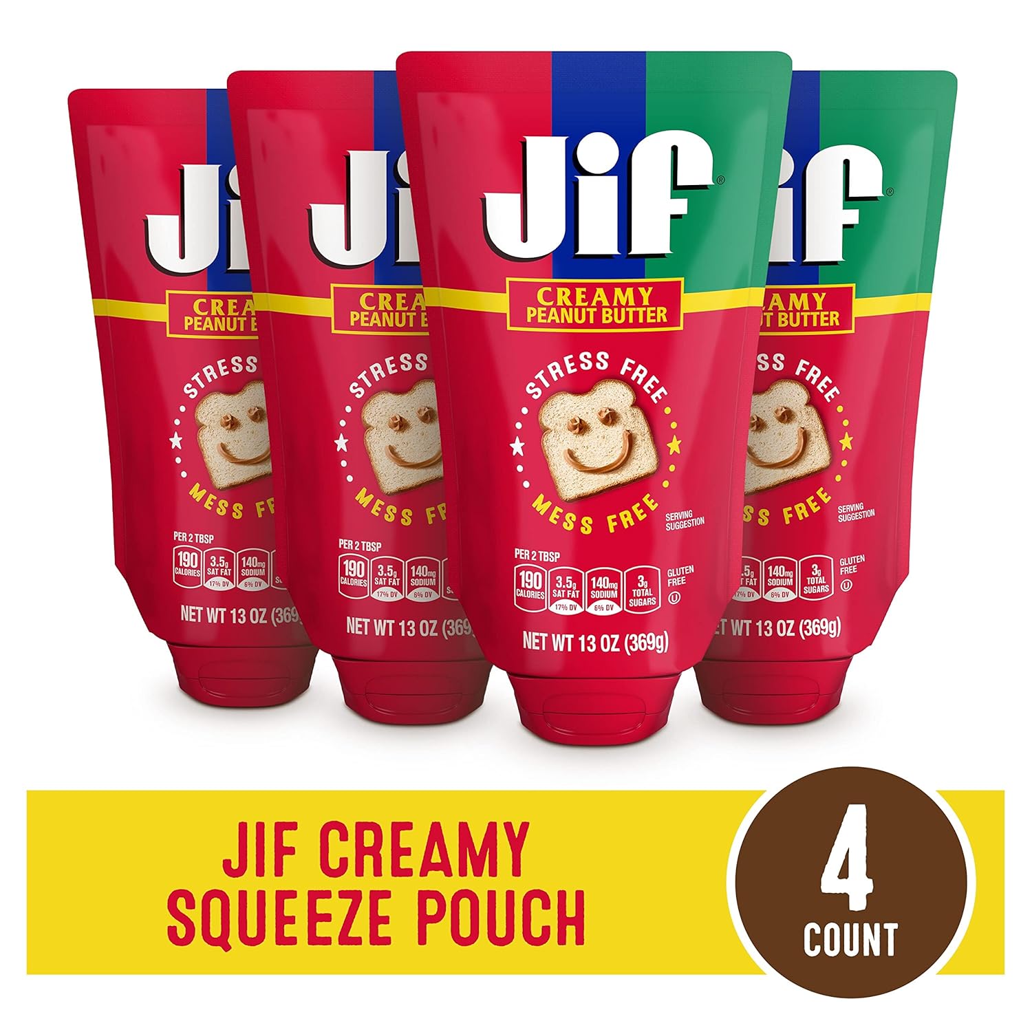 Jif Squeeze Creamy Peanut Butter, 13 Ounces (Pack of 4), Smooth, Creamy Texture, Portable Peanut Butter Pouch