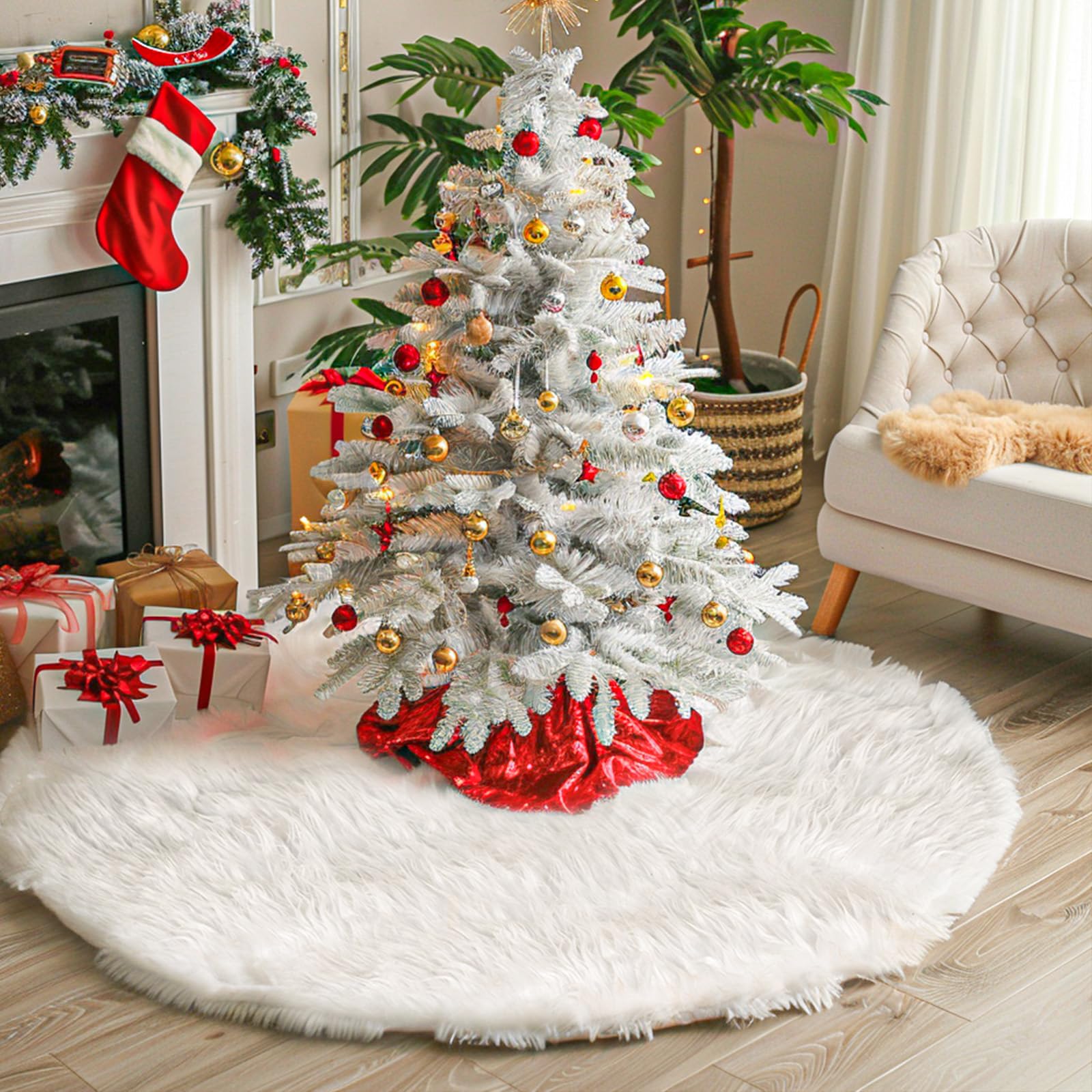 Copertura per albero di Natale bianca da 122 cm, copertura per albero di Natale, tappeto rotondo per feste di Natale allegre, gonna rotonda per decorazioni