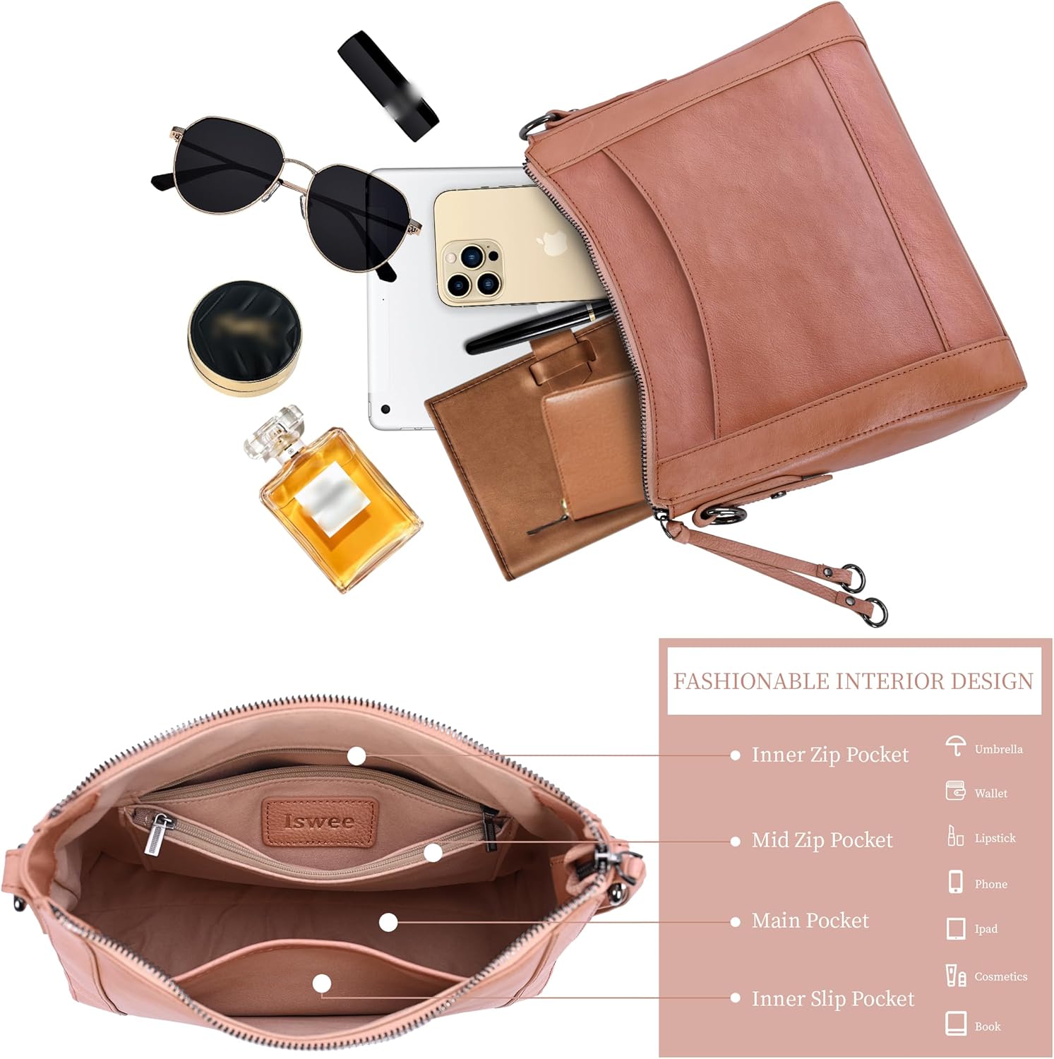 Iswee Leather Crossbody Bags for Women Shoulder Purse Medium Hobo Genuine Leather Satchel Purses and Handbags