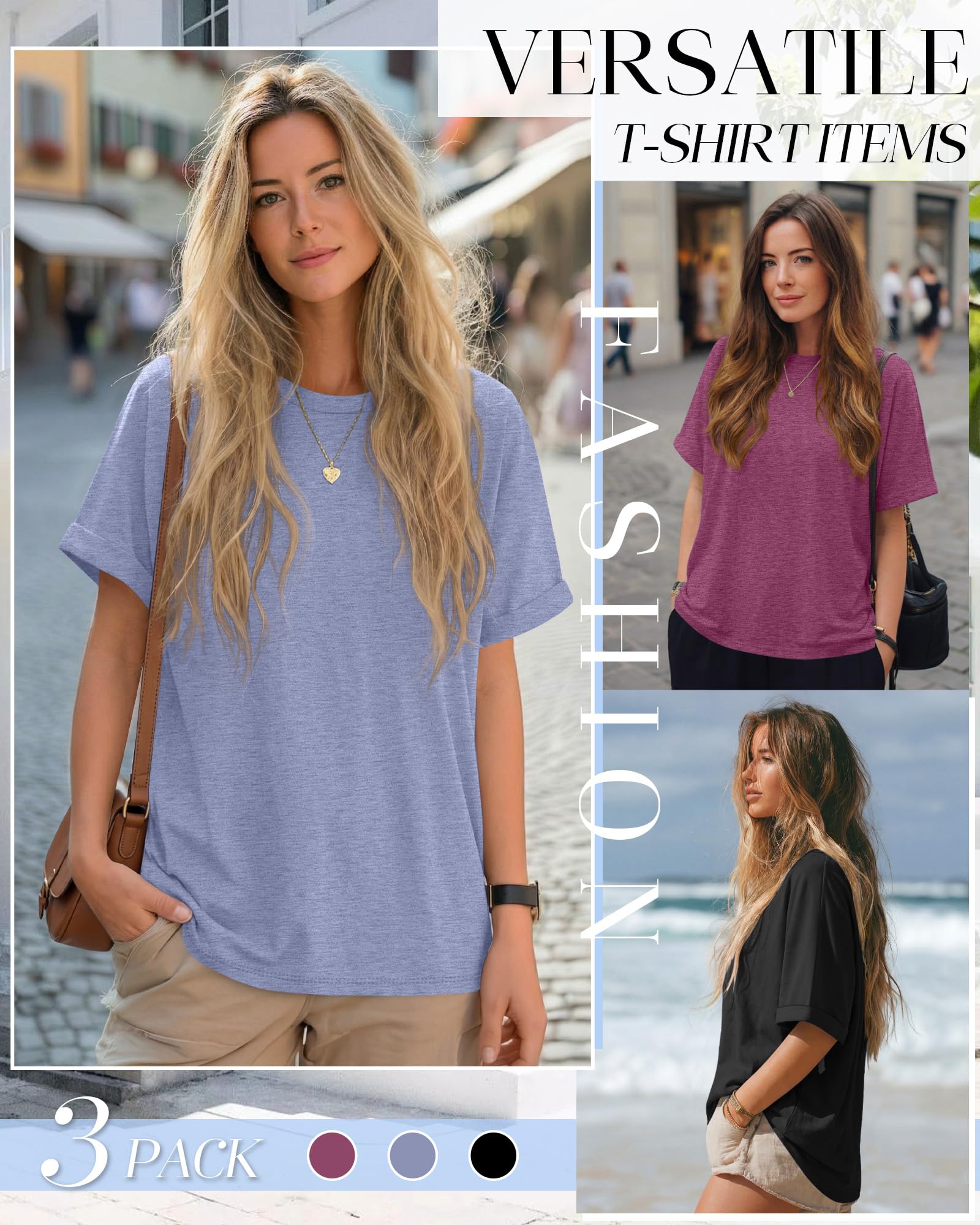 Riyiper Lot de 3 T-Shirts Oversize pour Femme, Manches Courtes, Coupe Ample, Col Rond, Basiques, Parfaits pour l'Été.