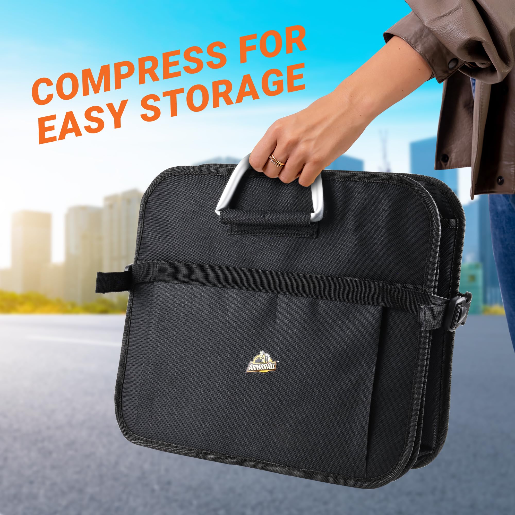 Armor All Kofferraum-Organizer für SUV und Auto, XL, robust, 8 Fächer, zusammenklappbar, wasserdicht, 2 Fächer und 6 Taschen, 61 x 37,1 x 32 cm, Aluminium-Griffe, Kompressionsschnallen