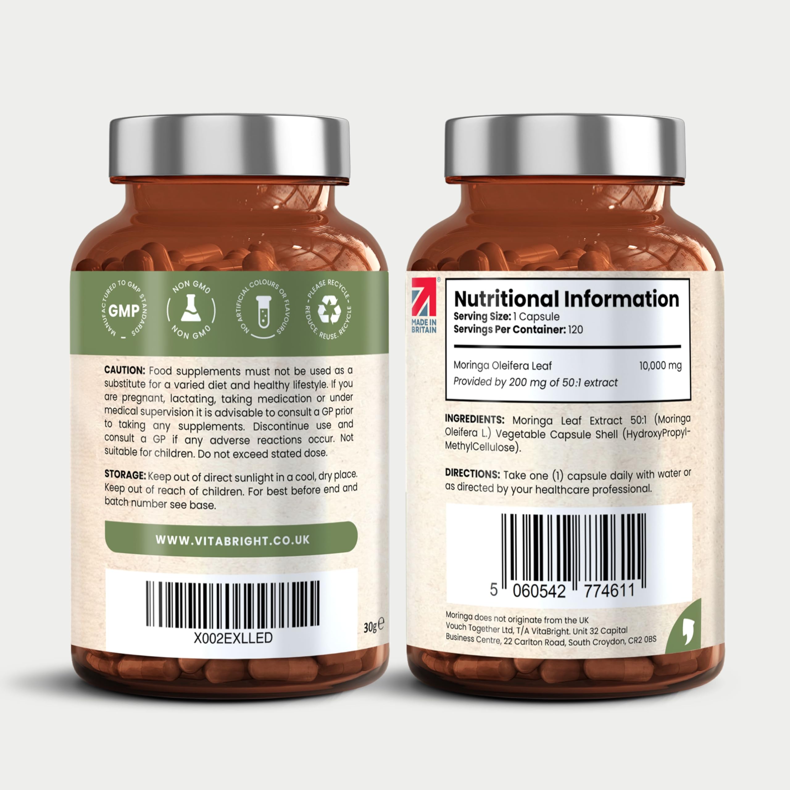 Capsule di Moringa Pura | Alto Dosaggio 10.000 mg | 4 Mesi – 1 al Giorno | Senza Additivi | Capsule di Superalimento Vegano in Polvere | Estratto Puro di Foglia di Moringa | VitaBright