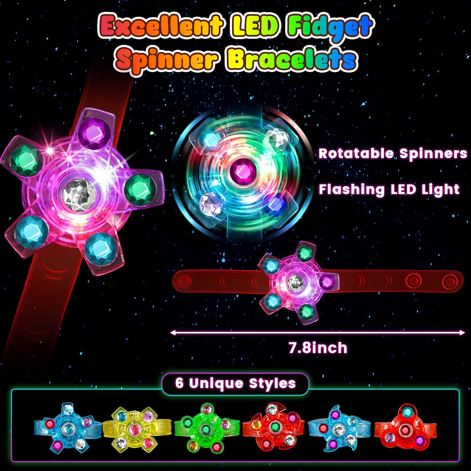 LovesTown 32PCS LED Light up Fidget Spinner Bracelets, 6 Styles Light up Party Favors Bulk Glow in the Dark Party Supplies for Kids Treasure Box Toys Classroom Prizes - Image 2