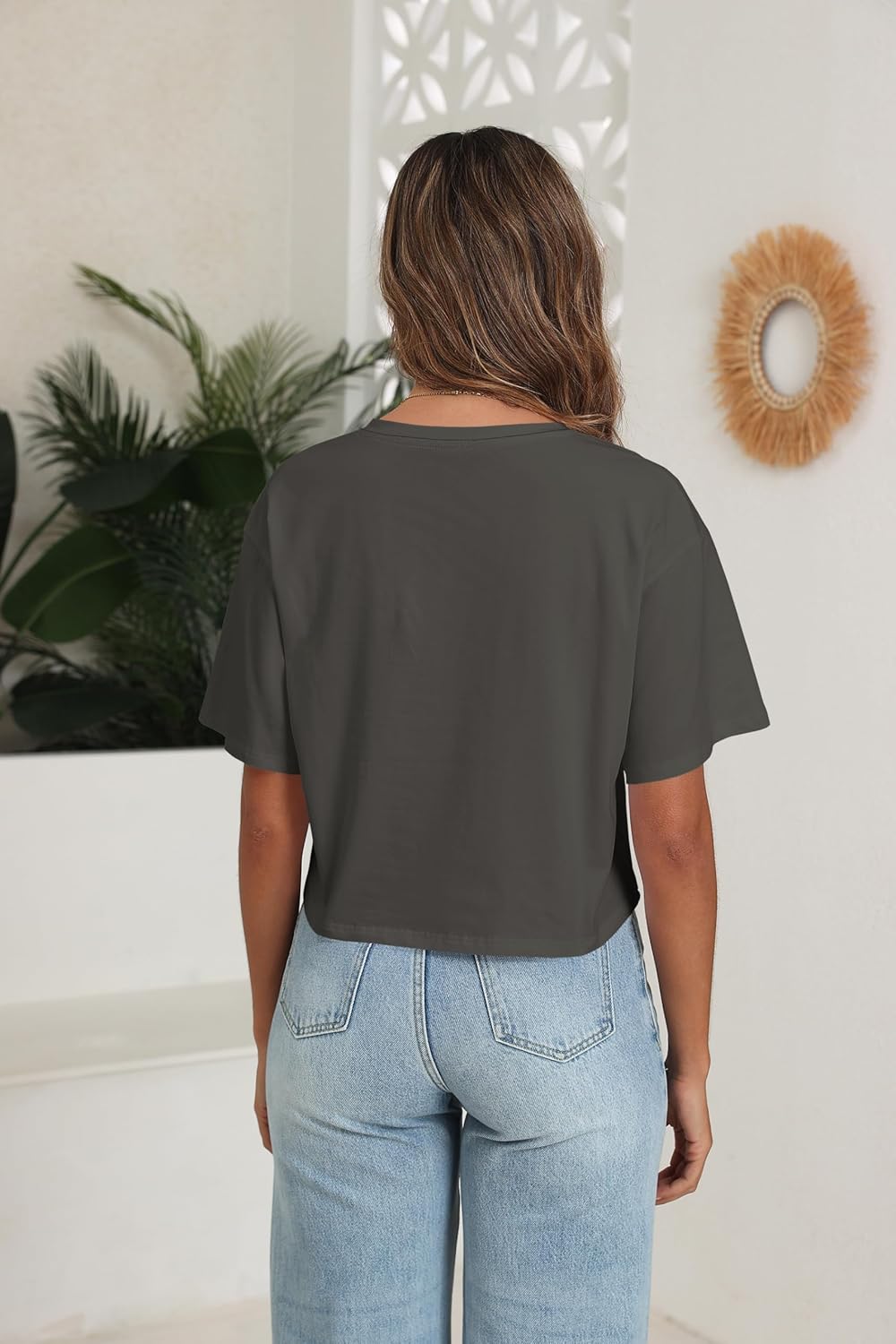 PRIMODA Women's Oversized Crop Tops Boxy V Neck Short Sleeve Cropped T Shirts Loose Summer Workout Crop Tee Tops - Image 4