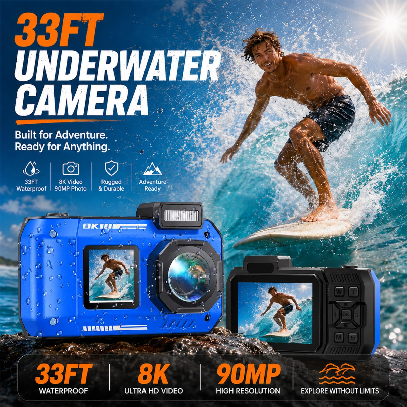 MaxMango D50 33FT Cámara Digital Impermeable, 8K 70MP Cámara Acuática con 16 GB, Cámara de Fotos con 2.88" Doble Pantalla 18x, Resistente al Polvo y a los Golpes, Autofocus - Azul