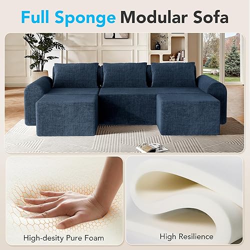 Vista 4 de Sofá modular Cloud con 2 otomanas y 3 almohadas, sofás sin hueso para sala de estar, sofá seccional en forma de U, asiento profundo, cómodo sofá Azul