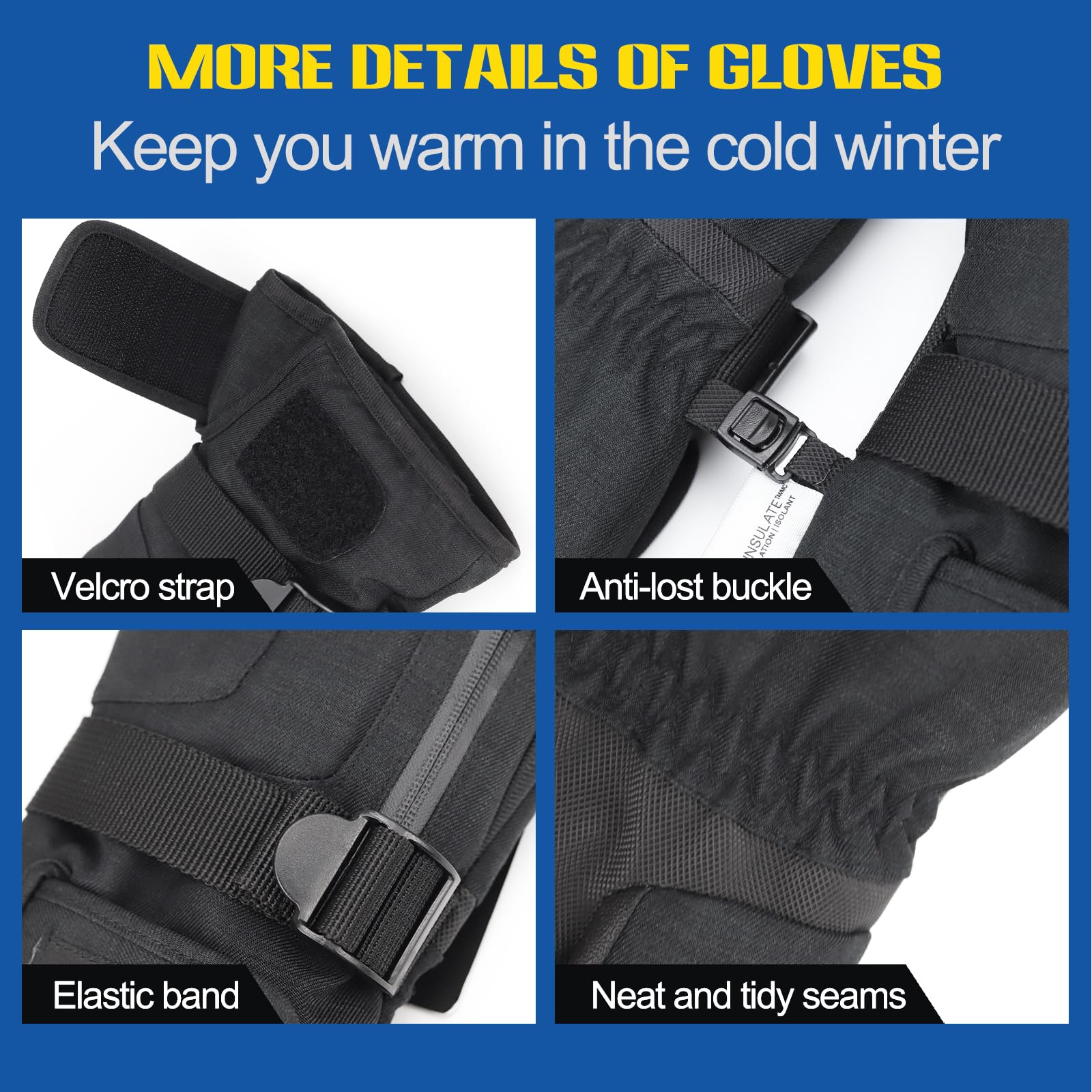 Gants de Ski, Gants Chauds d'hiver à Écran Tactile pour Homme et Femme Neige Imperméable Vent Respirant Antidérapant Poignet Réglable pour Ski Snowboard Cyclisme Moto Randonnée