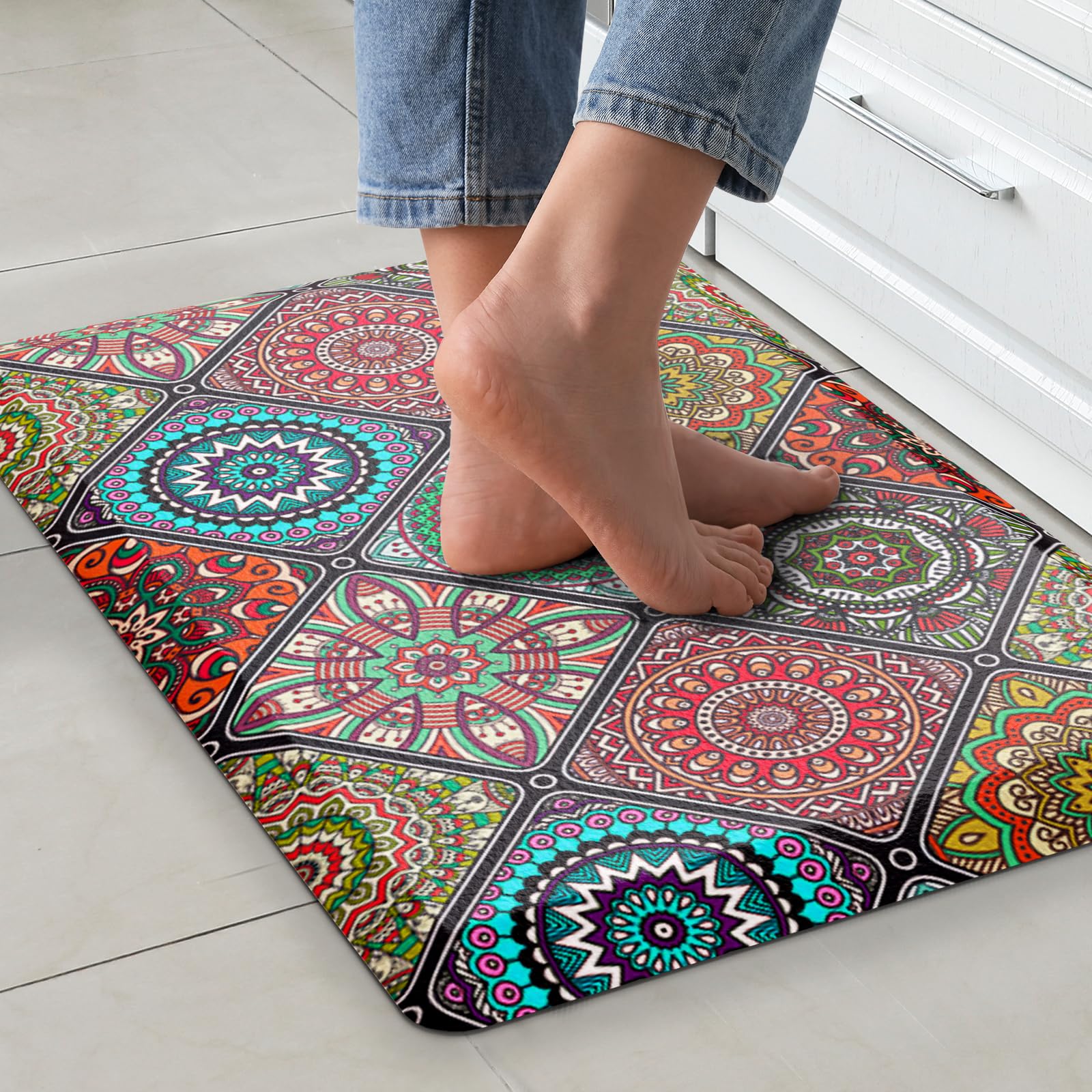 QIYI Anti Fatigue Kitchen Mat, 3/5" Thick Foam Cushioned Boho Kitchen Rug, Waterproof Comfort Floor Mat Bohemian Décor, Non Slip Padded Standing Desk