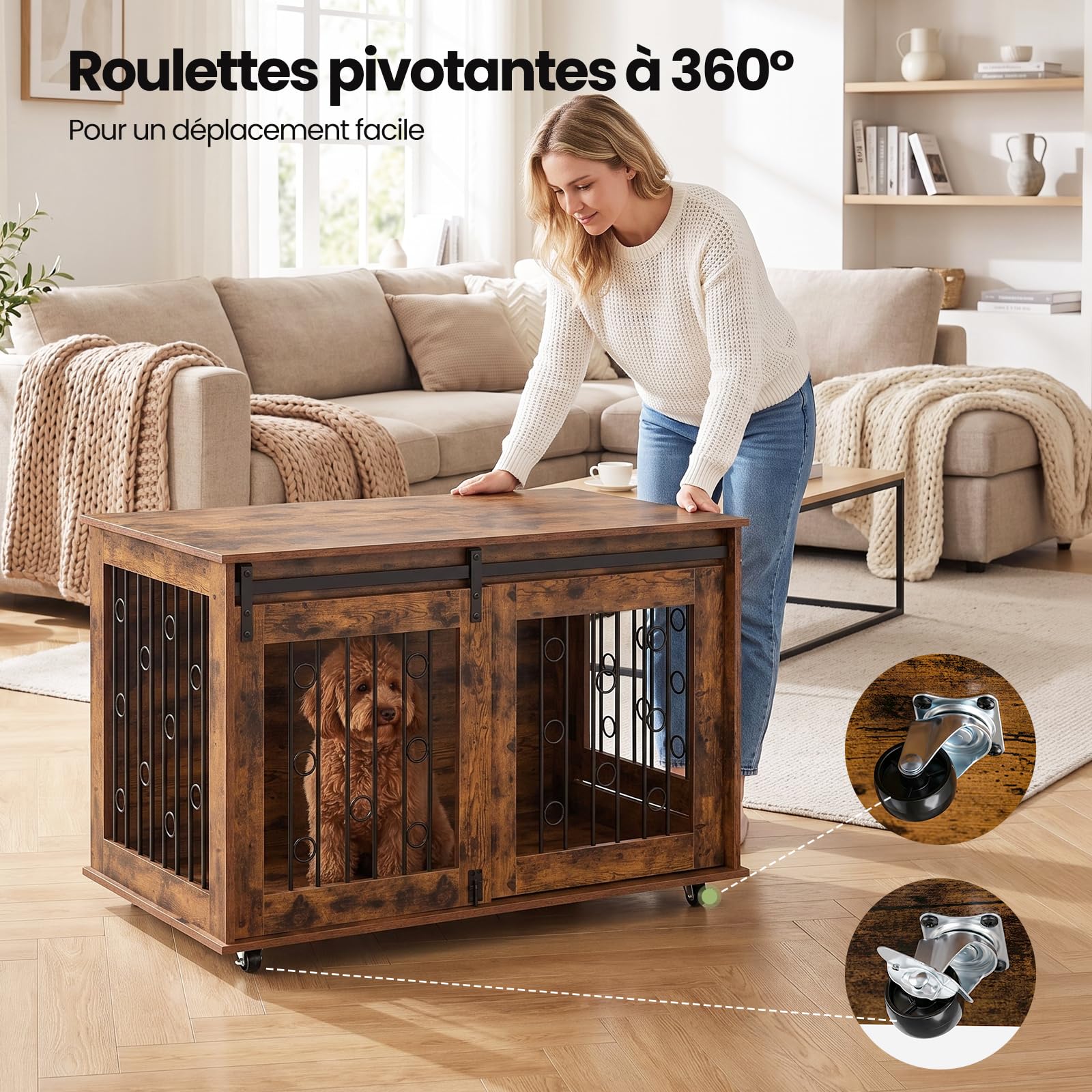 EUGAD Jaula para Perros Interior,Dog Crate para Perro de Madera | para Perros Medianos Grandes,con Ruedas y Puertas,Caseta Móvil Perros hasta 120KG,Moderna Casa Perro 100x56x58cm