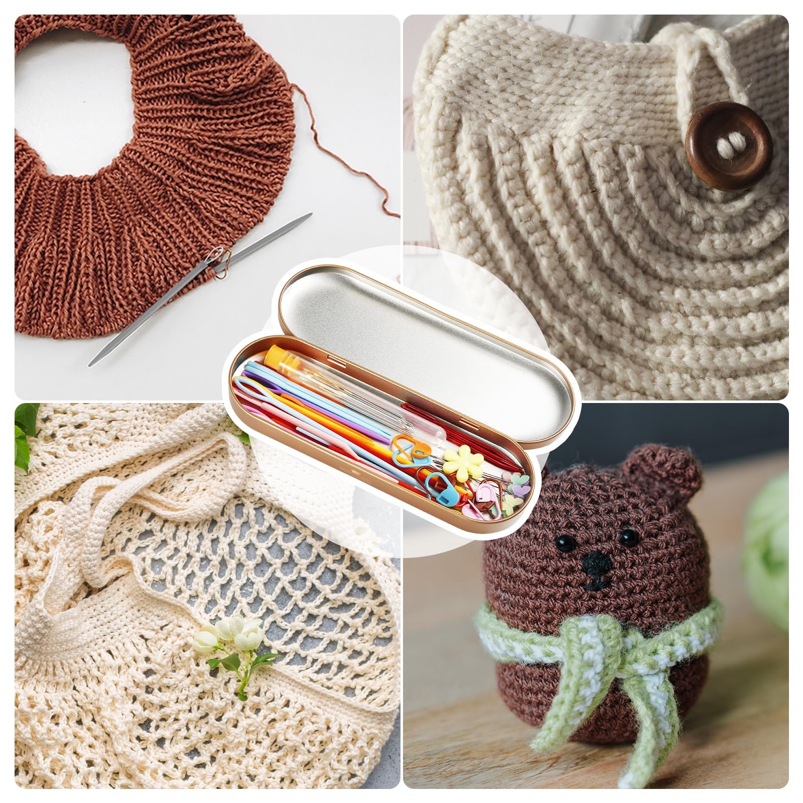 Lot de 61 aiguilles à fil, aiguilles à tapisserie pliées colorées, aiguilles émoussées à grand chas pour projets de crochet, avec enfile-aiguille, marqueurs de tricot, boîte de rangement