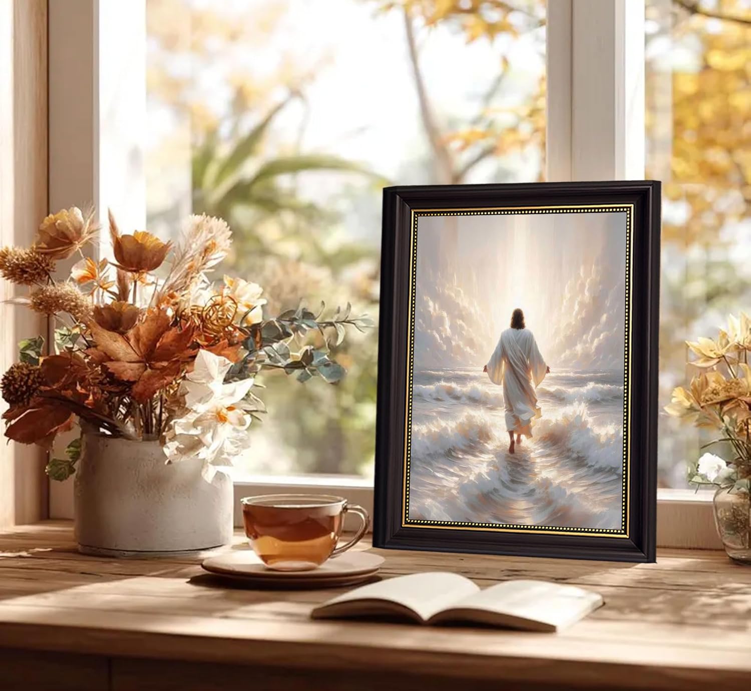 Dark Brown Framed Jesus Walks On Water Canvas Wall Art Jesus walking on water back view Wall Decor Picture Christian Bible Stories Poster Print painting for Living Room Bedroom Church Decoration