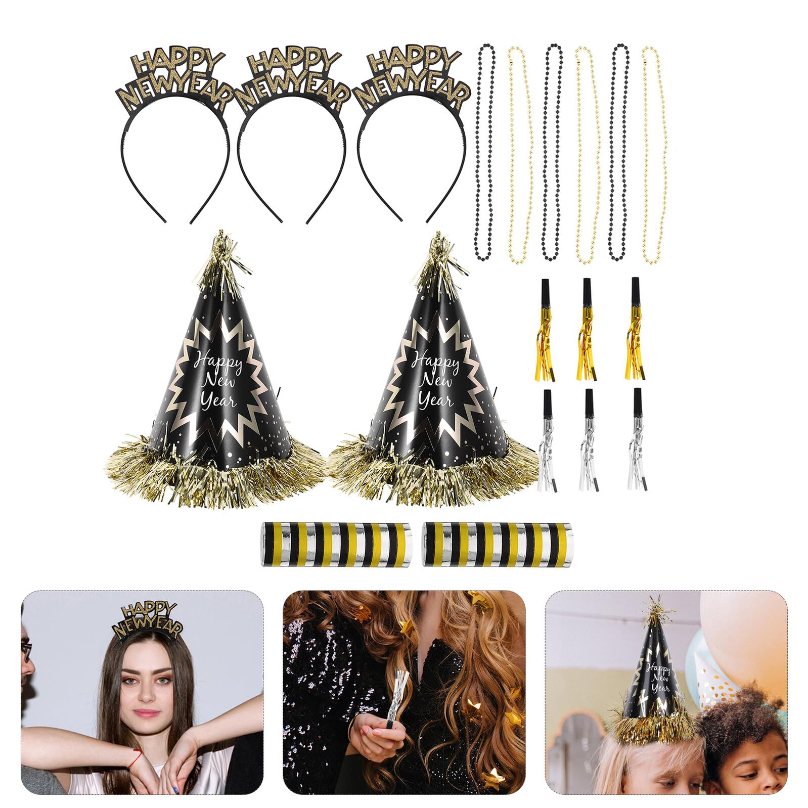 1 Bolsa Sombrero de Fiesta de Año Silbatos de Fiesta Aros el Pelo Sombreros Cónicos Collares de Cuentas para Decoración de Nochevieja