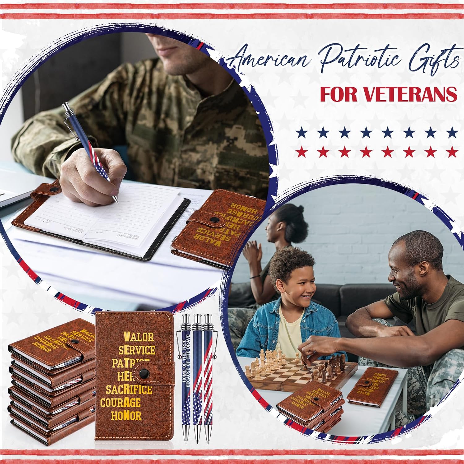 Ctosree 40 Sets Veterans Day Gifts Bulk Pocket Leather Notebooks with Ballpoint Pens Patriotic Party Favors for Veterans USA Lined Small Journal Office Supplies Accessories (Dark Brown)