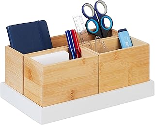 Relaxdays Conjunto organizador de mesa de bambu, conjunto de 4 peças, para materiais de escritório, cosméticos, casa de banho, natural/branco, quadro de fibras, 11 x 28 x 17,5 cm