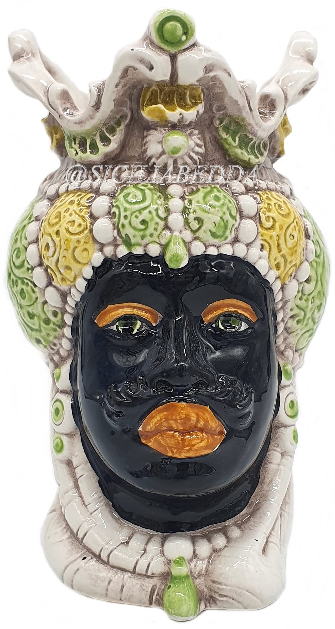 sicilia bedda - Coppia Teste di Moro Siciliane in Ceramica di Caltagirone - Realizzato Interamente a Mano - H 13 Centimetri (Giallo e Verde)