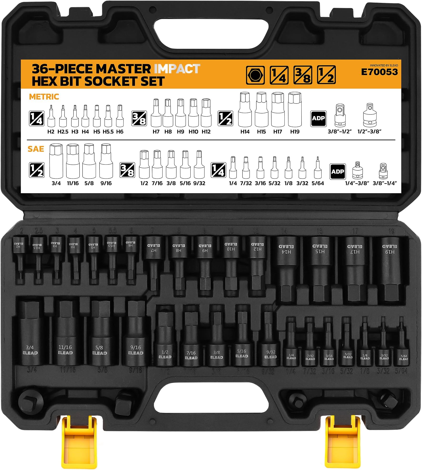 Hex Bit Impact Socket Set: 36-Piece with 4 Adapters, 1/4", 3/8", 1/2"Drive Master Allen Socket Set, Cr-V Steel, SAE and Metric, H5-H19 & 3/4"-5/64", Reinforced Storage Case, Automotive Mechanic