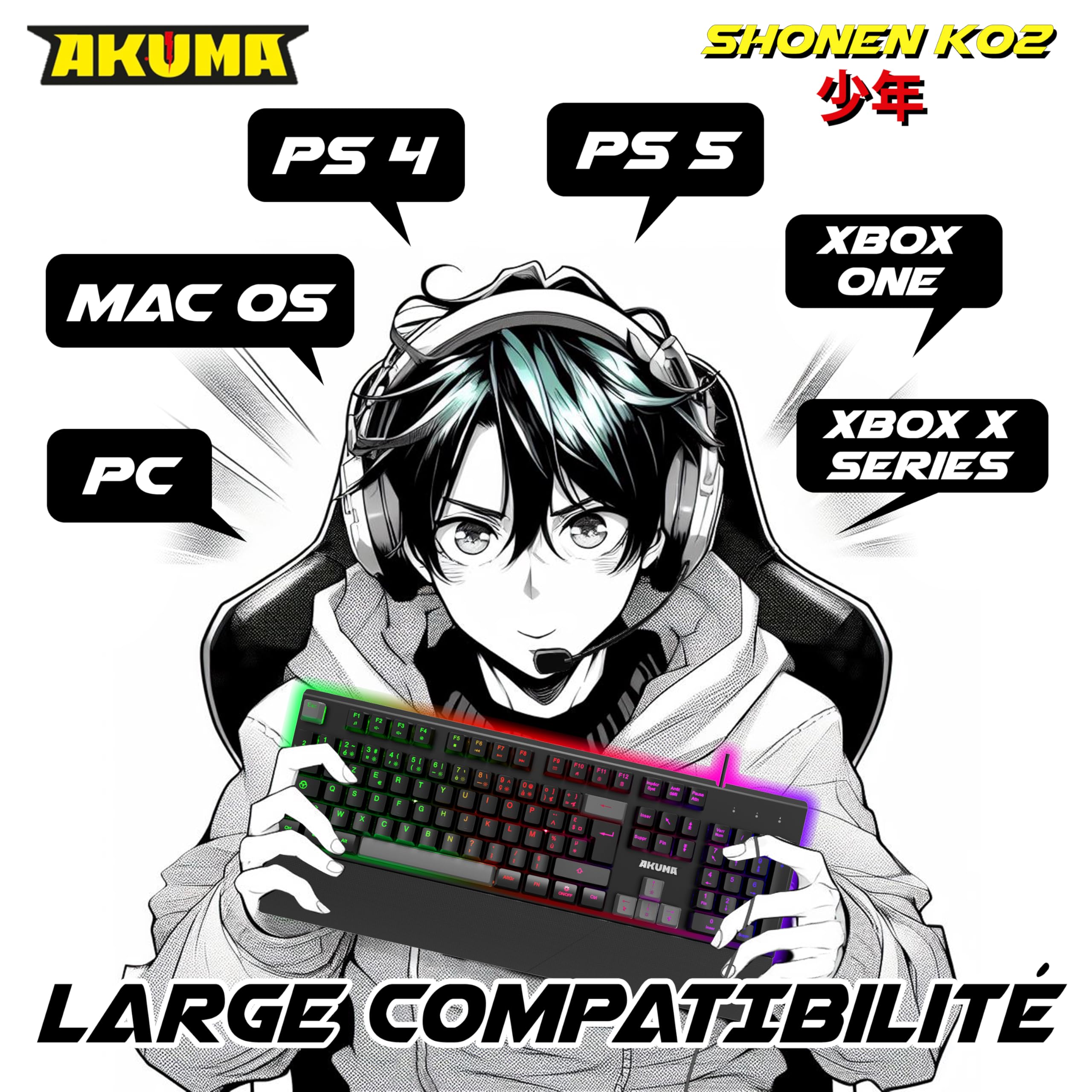 AKUMA Klawiatura gamingowa SHENEN K02 Membrana RETROECLAIRE z programowalną podstawką na nadgarstek RGB