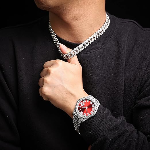 Halukakah Men's Diamond Gold Watch ○ President ○ 18K Real Gold Plated/ Platinum White Plated 42MM Width Green/Blue/Red, Bracelet with Laboratory Diamonds 24cm, Cuban Link Chain 20 45cm, incl Halukakah Men's Diamond Gold Watch ○ President ○ 18K Real Gold Plated/ Platinum White Plated 42MM Width Green/Blue/Red, Bracelet with Laboratory Diamonds 24cm, Cuban Link Chain 20 45cm, incl