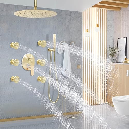 Miniatura 9 de Chorros de ducha de latón macizo con interruptor de encendido y apagado, rociadores de cuerpo de ducha redondos dorados cepillados, chorros de pared