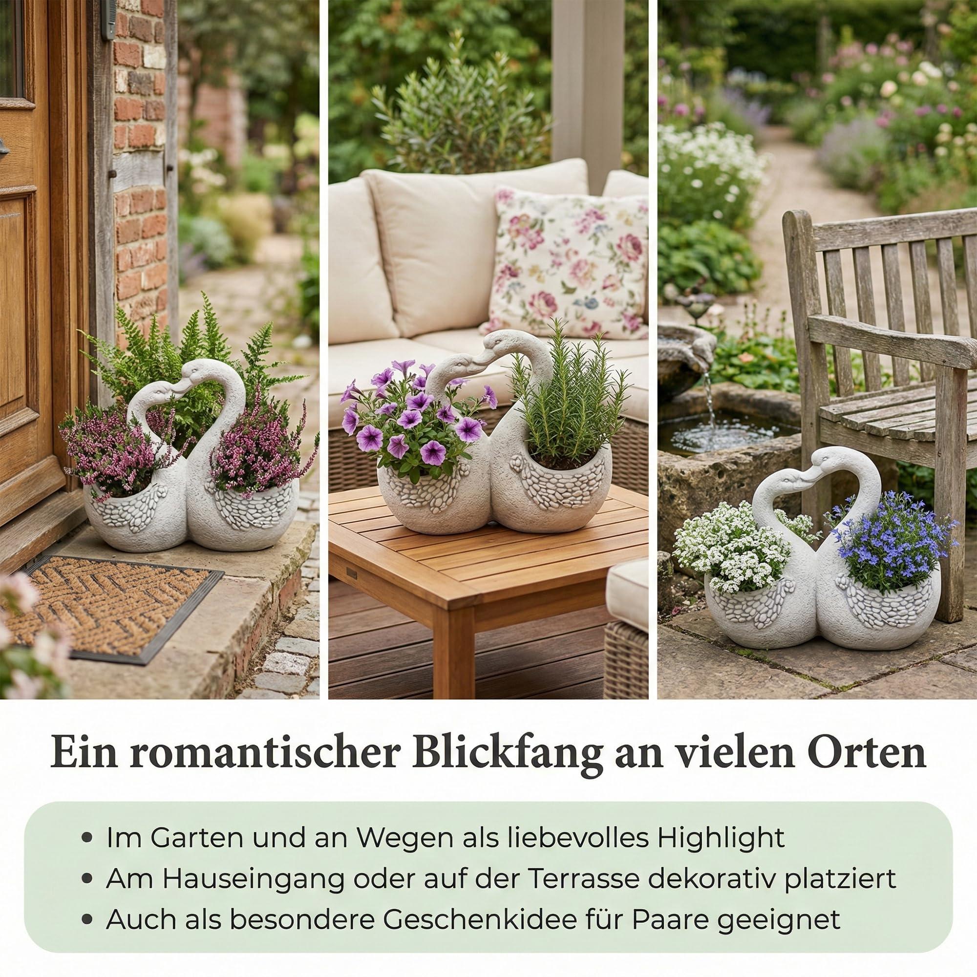 gartendekoparadies.de Gartenfigur Liebevolle Schwäne mit Blumentopf, Pflanzgefäß aus Steinguss, 0,5 & 0,8 Liter, 16 kg, Grau, frostsicher für Außenbereich