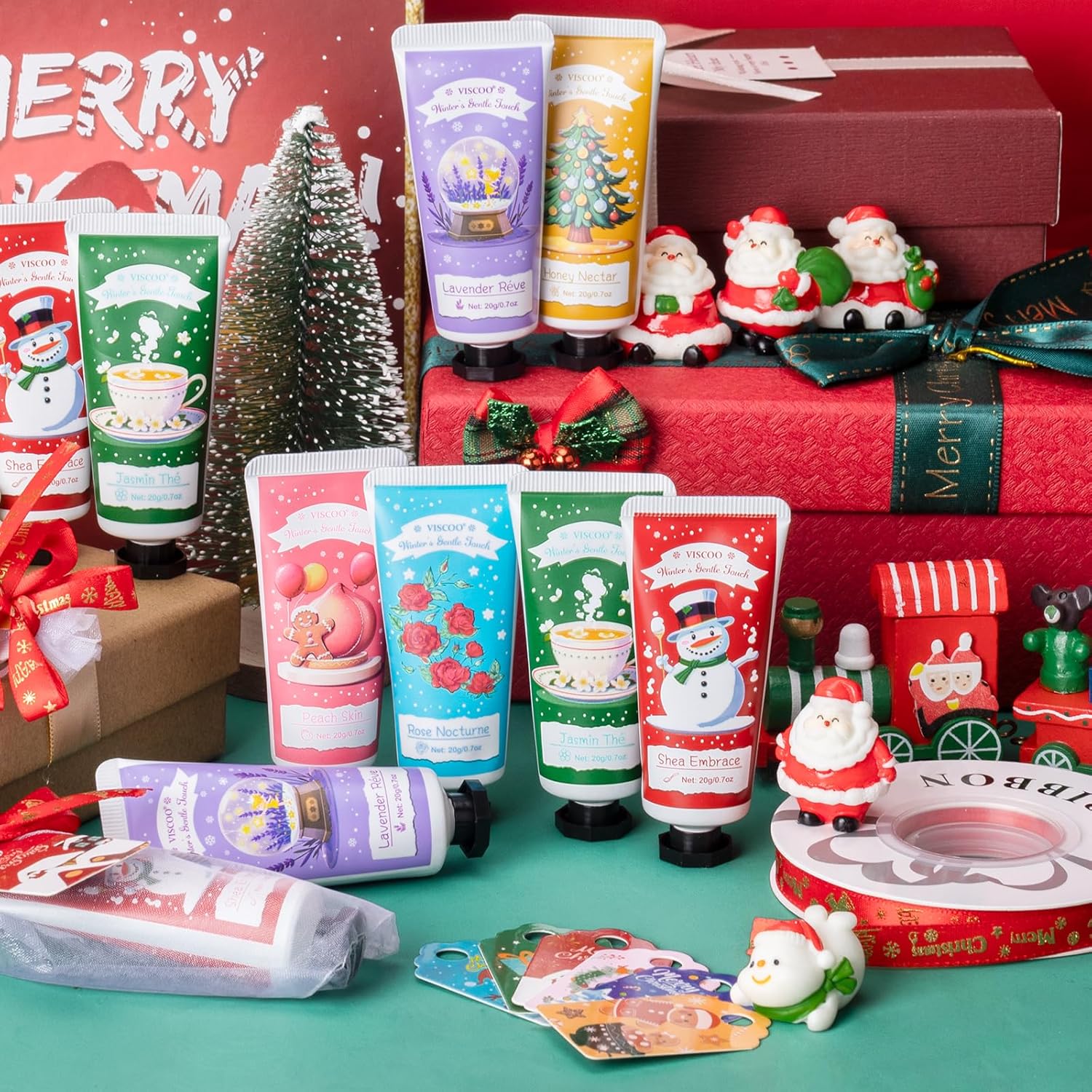 VISCOO 60 Sets Christmas Hand Cream Gift Set for Women, Hand Lotion In Bulk for Dry Cracked Hands Travel Size, Christmas Gifts with Cards and Organza Gift Bags, Stocking Stuffers for Women Teen Girls