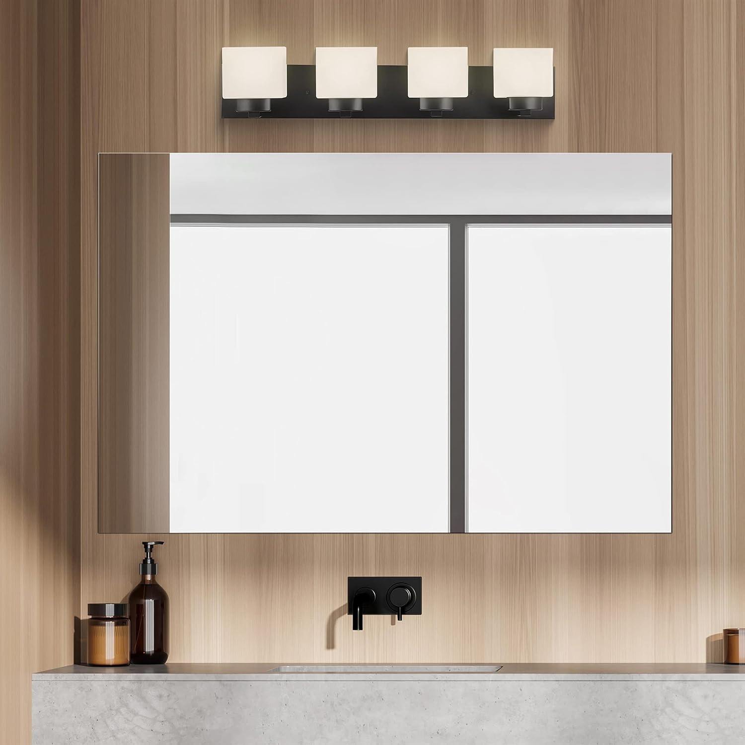 Pemberly Row Stainless Steel Bath Light, Matte Black Finish, 4-Light Frosted Glass Shades, Rectangular Backplate, 6.5" H x 32" W, Dimmable Wall-Mounted Fixture for Bathroom or Bedroom Decor