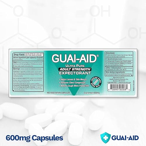 Miniatura 2 de 100 cápsulas ultra puras de guaifenesina CR de 600 mg para alivio de moco todos los días. Controla la flema, la tos, la congestión del pecho, los