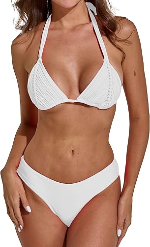 Miniatura 2 de LB LE BESI Conjunto de bikini de ganchillo triangular único para mujer, traje de baño sexy de dos piezas, estilo de alta V, parte inferior fruncida