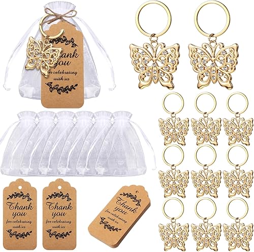 Ecation Party Favors Include Keychain with Tags Organza Bags, Metal Crystal Key Chain Bag Charm for Baby Shower Wedding Bridal Party Festival Gift