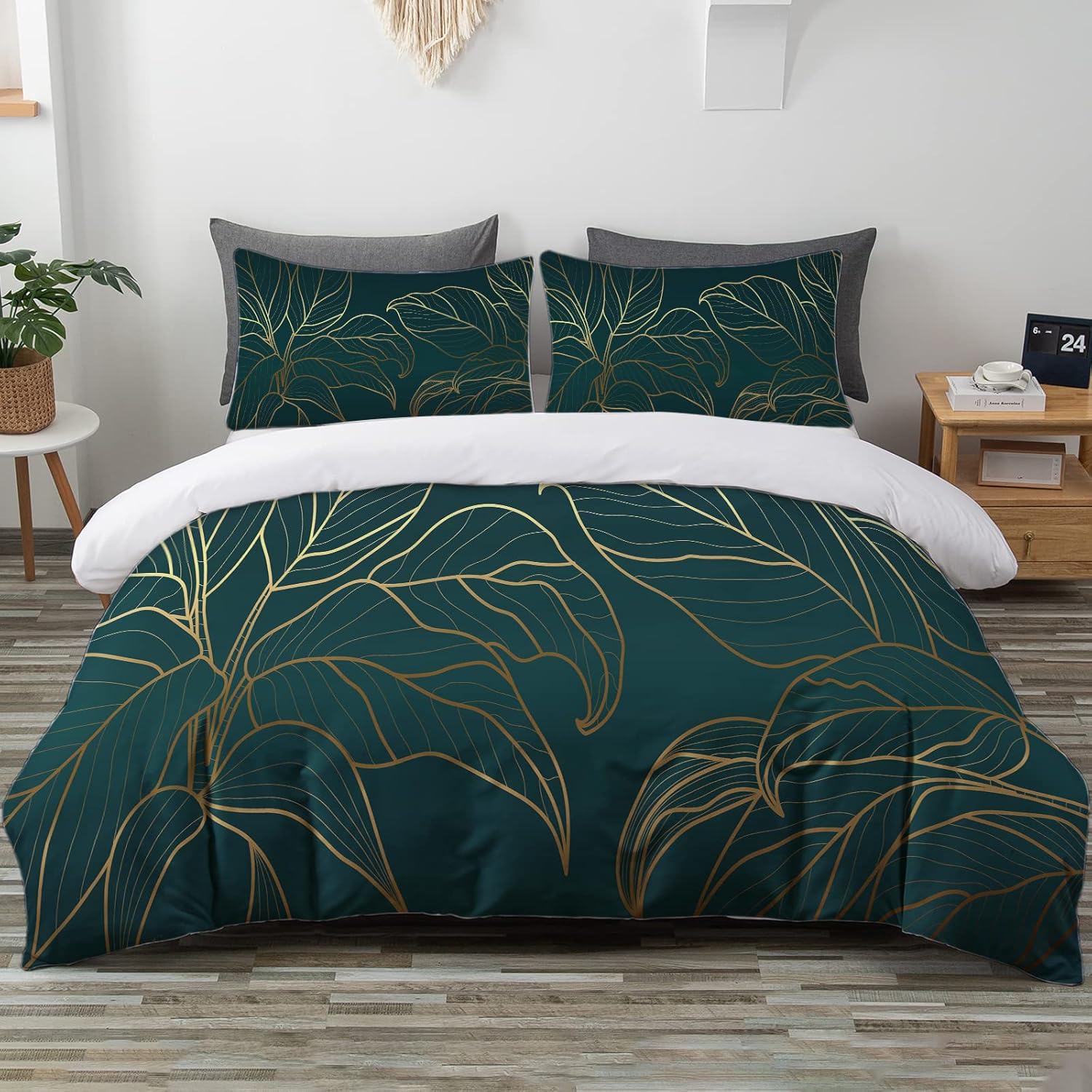 TOPTREE Emerald Green Marble Duvet Cover Twin, Golden Leaves Microfiber Duvet Cover Zipper 3 Pieces Twin Size Duvet Cover(1 Duvet Cover and 2 Pillow Shams) Golden Leaves Twin