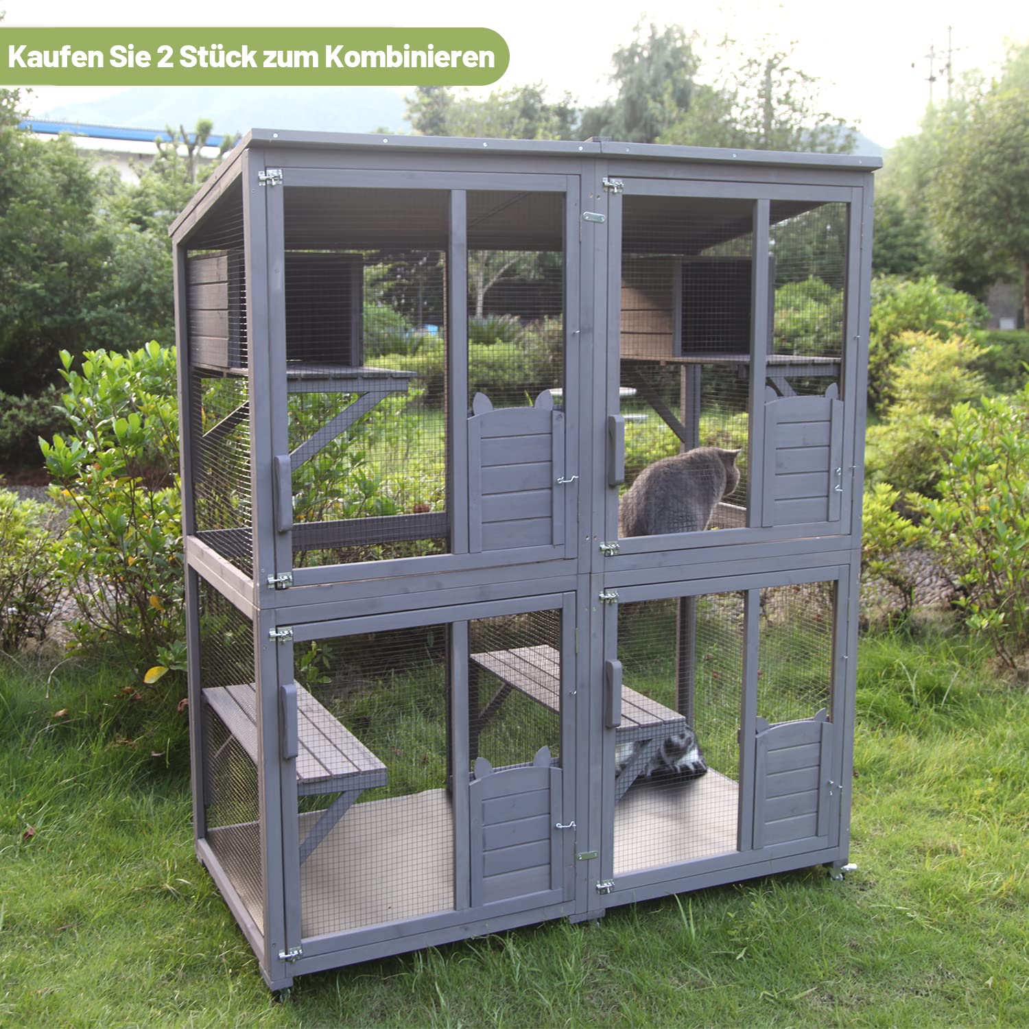 Casa para gatos de madera para uso interior y exterior, gran corral para gatos con ruedas, jaula Catio con tiras de madera reforzadas, techo impermeable