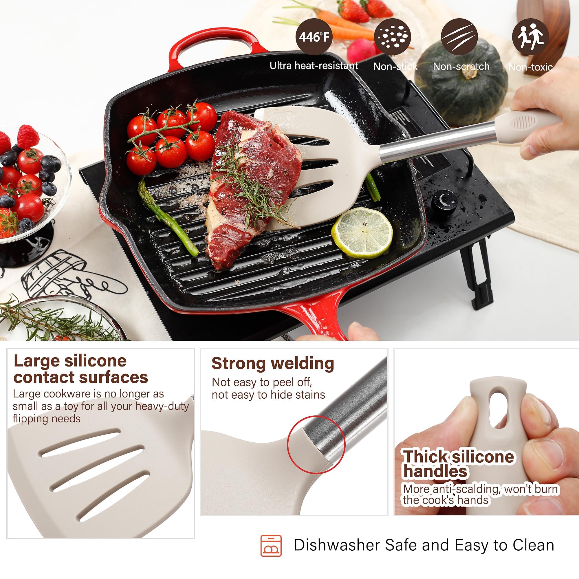küchenhelfer set | 43 teiliges Kochlöffel Set Silikon Kochutensilien Kochbesteck Set Antihaft Kochset Küchenutensilien mit Edelstahlgriff, Spülmaschinenfest (schwarz)