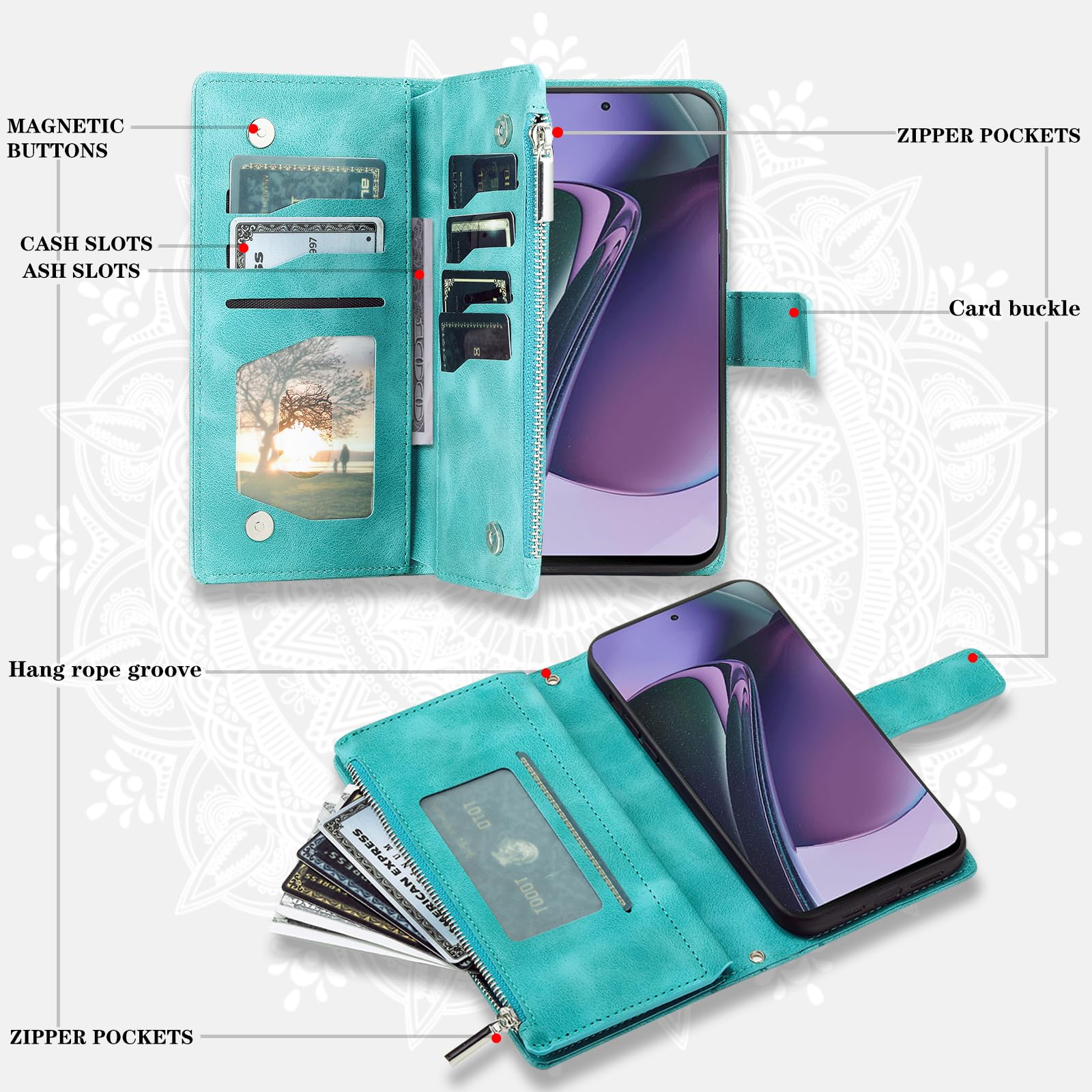 Phone Case for Motorola Moto G Stylus 5G 2023 Wallet Cover with Screen Protector and Wrist Strap Mandala Flower Flip Zipper Credit Card Holder Slot Stand Cell GStylus G5 XT2317DL Women Men Green