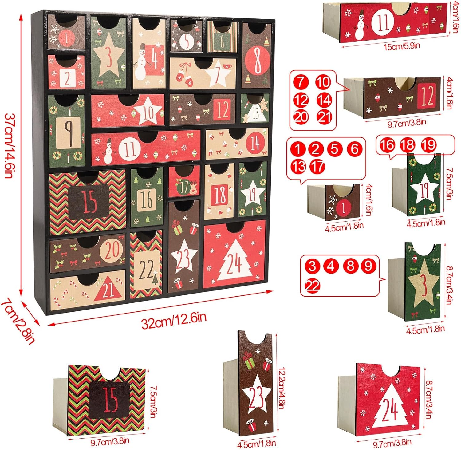Wooden Advent Calendar to Fill, 14.6×12.6 Inch 24-Day Refillable Empty Christmas Countdown Calendar with Drawers, 2025 Xmas Gift for Kids Holiday Home Decorations
