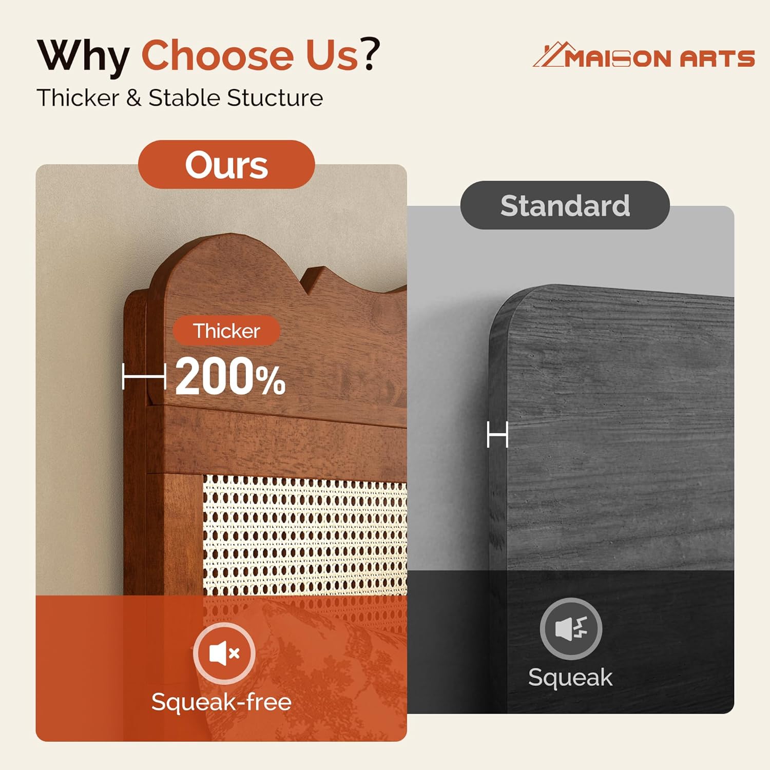 MAISON ARTS Queen Size Bed Frame with Adjustable Headboard,Platform Bed Frame with Solid Wood Rattan Headboard-Natural Craftsmanship, Reinforced Wooden Slats, No Box Spring Needed & Easy Assembly