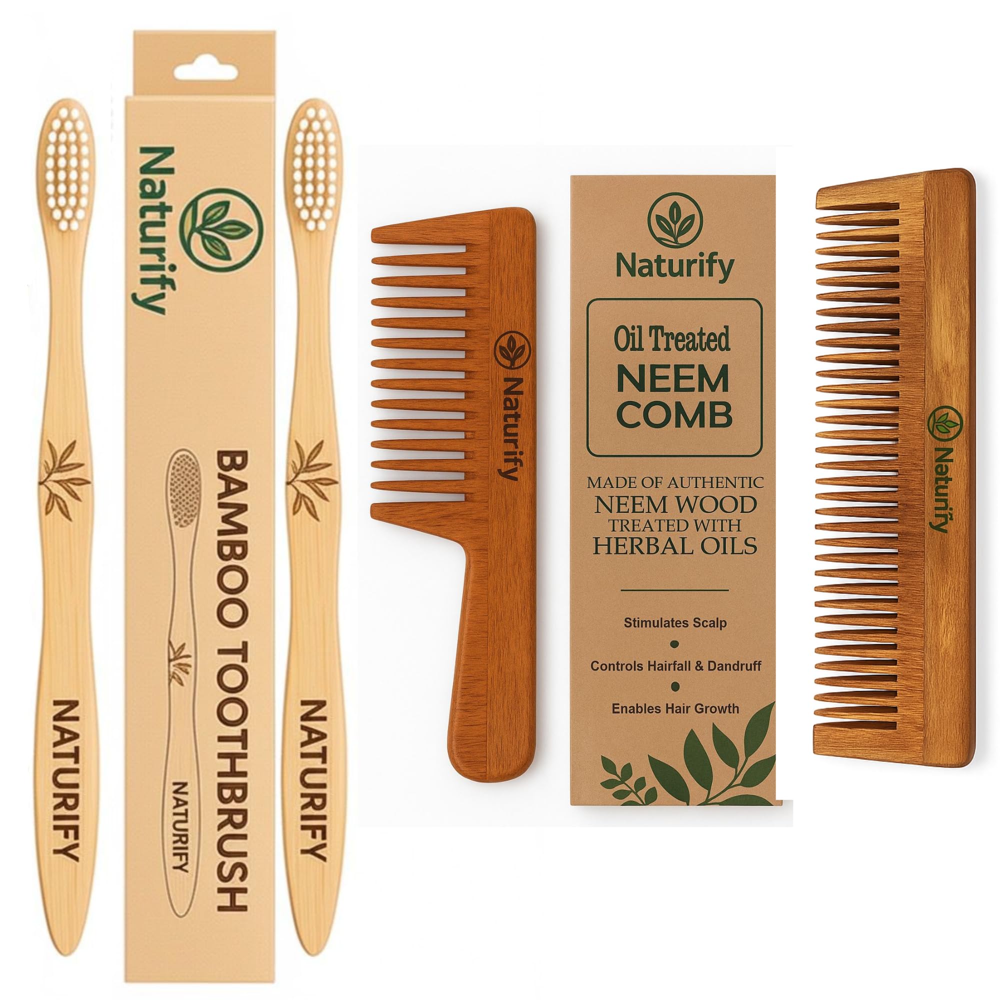 Naturify 4 PCS Pure Neem Wooden Comb & Bamboo Toothbrush Combo | 100% Natural, Eco-Friendly, Plastic-Free | Gentle Hair & Oral Care Set for Men & Women | Sustainable Daily Essentials Kit | Eco-Friendly Hair Care comb with toothbrush (Pack of 4)-image-43