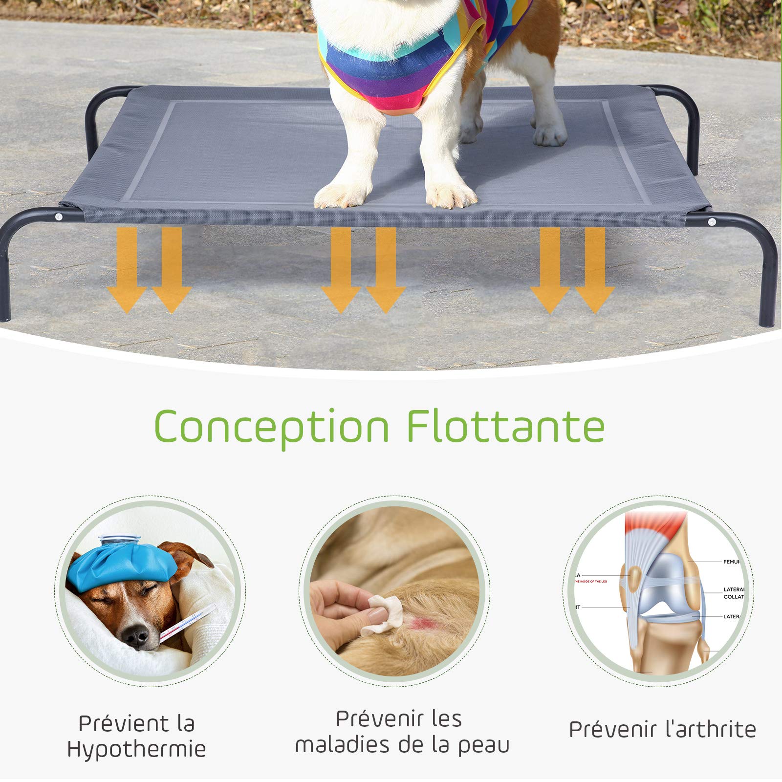 GOPLUS Lit Chien Sureleve et Rafraîchissant pour Animaux de Compagnie, Gris | Lit de Camp pour Chien en Textile Respirant Stable, Cadre Métallique, 110x80x18 CM, Charge 40KG, pour Intérieur & Extérieur