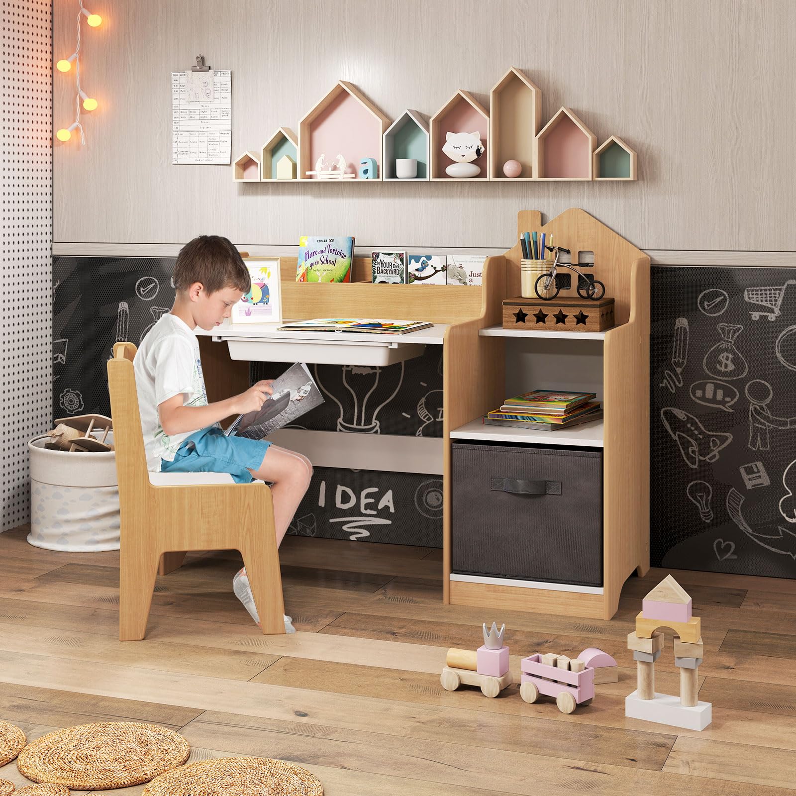 LIFEZEAL Kinderschreibtisch mit Stuhl Set, Kinderlerntisch mit Bücherregal & Schublade, Schreibtisch-Set für Schüler, Tisch und Stühle für Kinderzimmer (Natur)