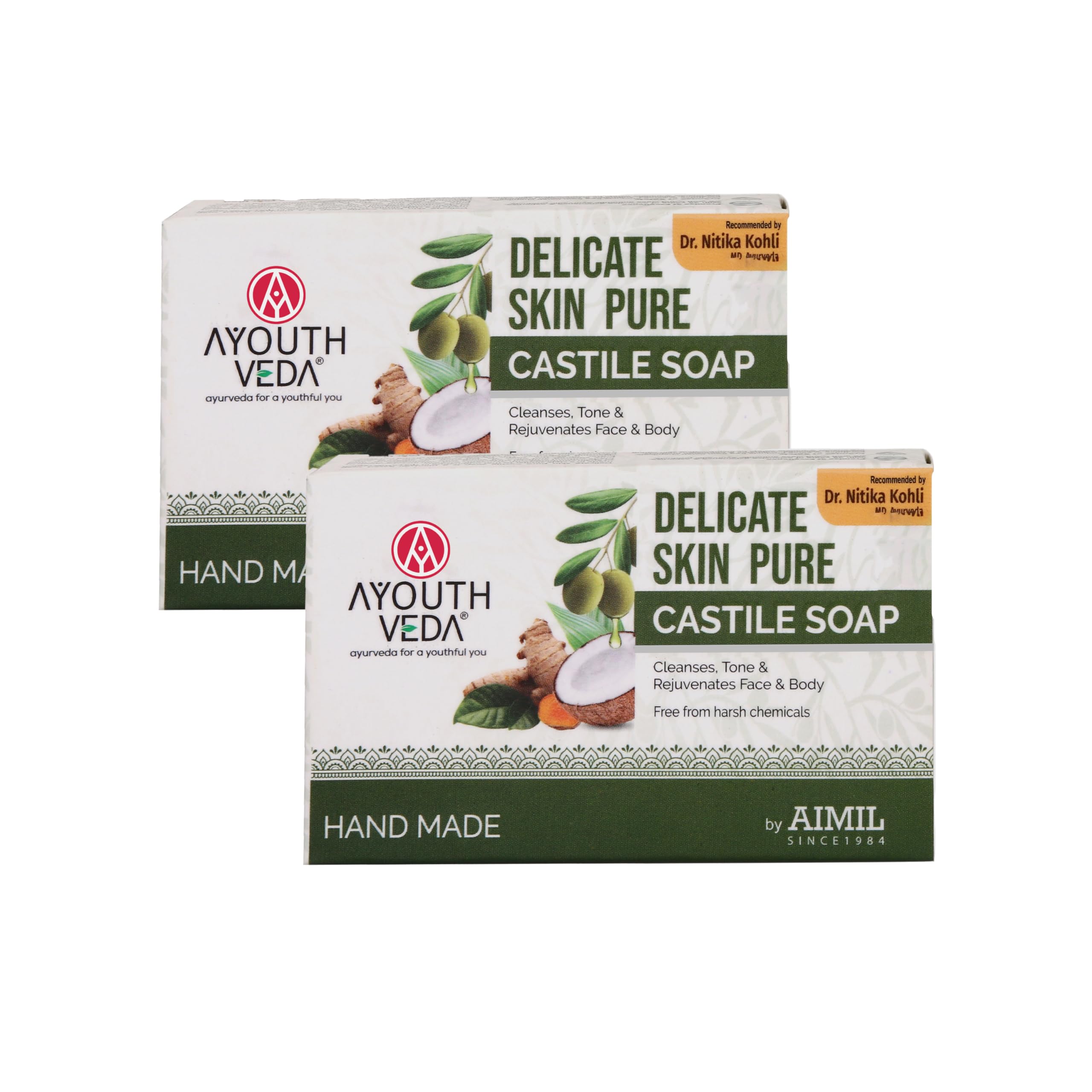 Ayouthveda Delicate Skin Pure Castile Soap | With the Goodness of Tulsi, Neem, Coconut & Olive Oil | Cleanse, Tones & Rejuvenates Skin | Handmade Soap Without Harsh Chemical (Pack Of 2-100g each)