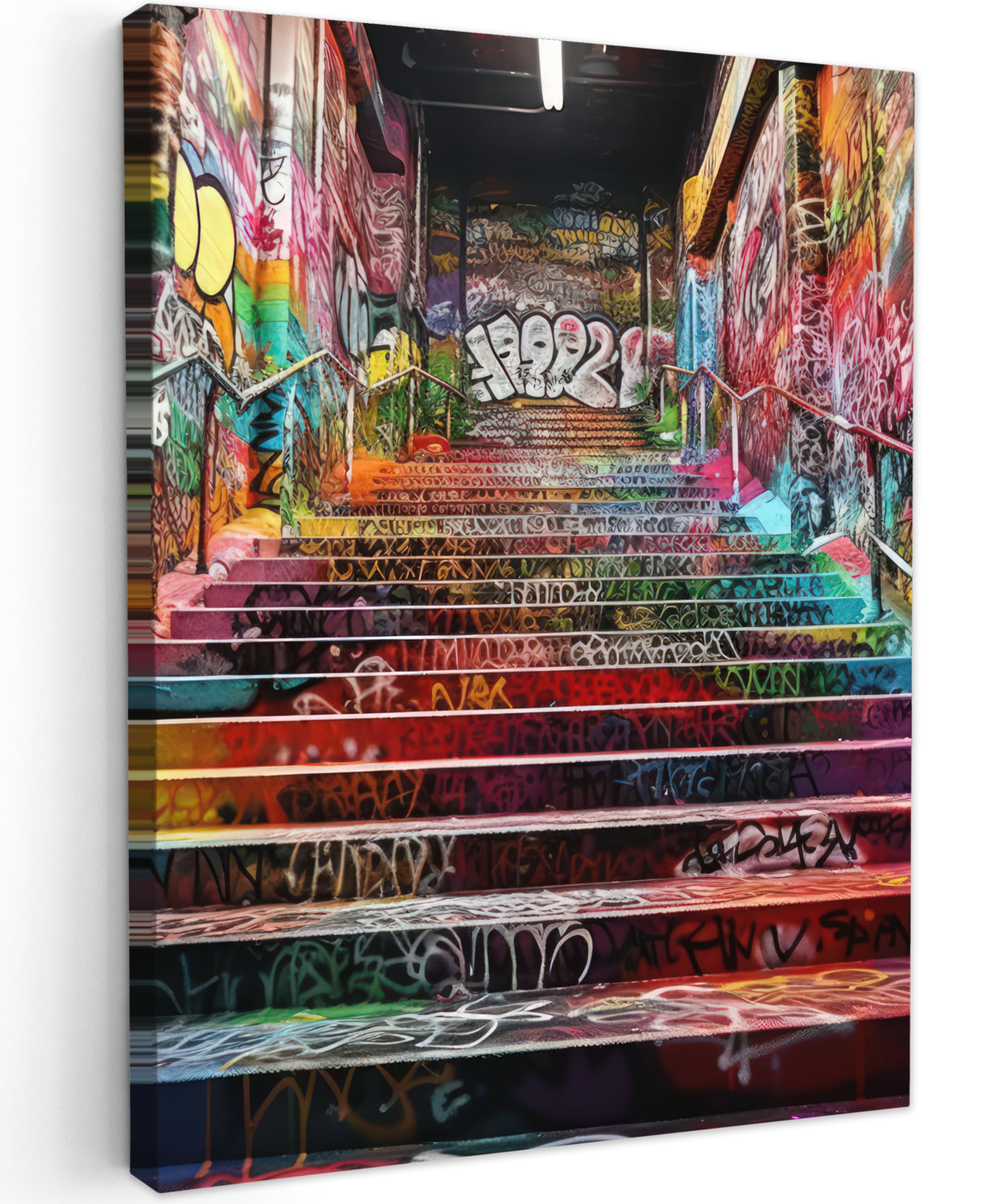 MuchoWow© Bilder 50x70 cm Wohnzimmer Deko Modern Wandbild Foto auf Leinwand Bild Schlafzimmer Room Decor Geschenke Banksy - Street Pop Art - Treppe - Graffiti - Farben - Kunst
