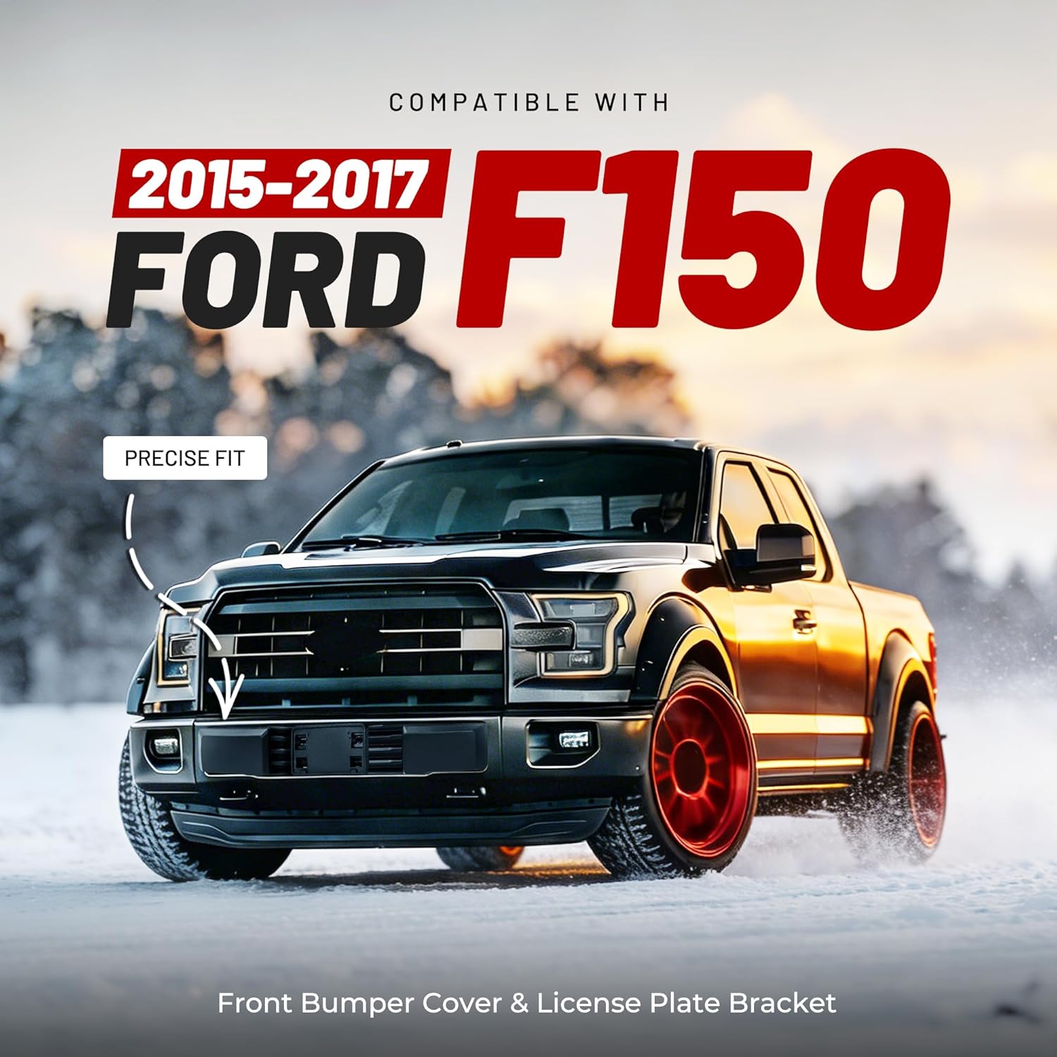 ALMULOO Front Bumper Cover & License Plate Bracket Compatible with 2015-2017 Ford F150 W/O Engine Block Heater Option&Grille Shudders Replace for FL3Z17E810AA FL3Z17A385A FO1044108 FO1068165 FO1044109