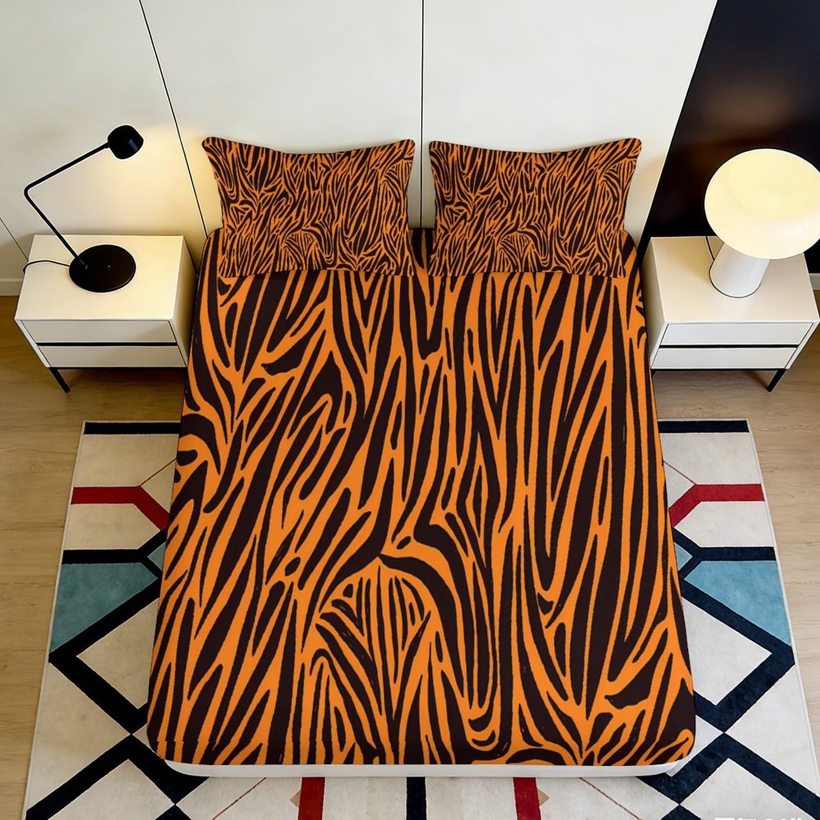 3D Printed Tiger Stripe Fitted Sheet Microfiber Soft Orange Black Abstract Mattress Cover Bedroom Dorm Bed Décor 100x200cm 90x200x25cm
