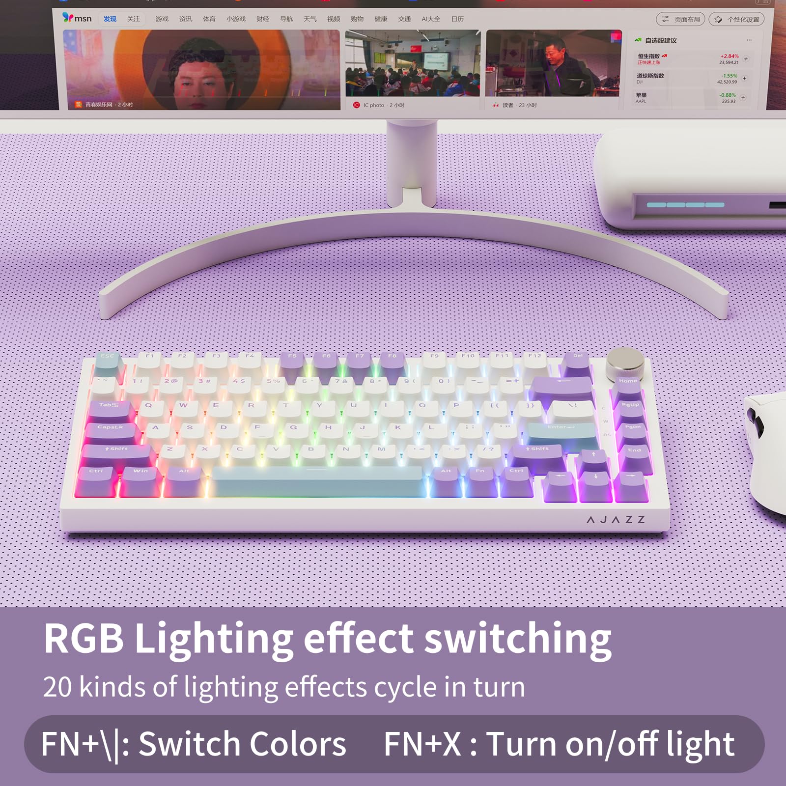 AJAZZ AK820 Wired Mechanical Keyboard, 75% Gaming Keyboard with Volume Control Knob, PBT Keycaps, 82 Keys, Five-Layer Sound Insulation Pad, South-Oriented RGB, Full-Key Hot Swap, Blue White Purple