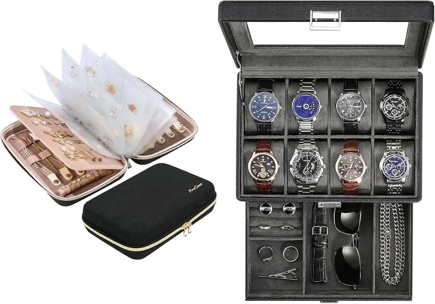 ProCase Travel Jewelry Organizer Bundle with 8 Slot Watch Case