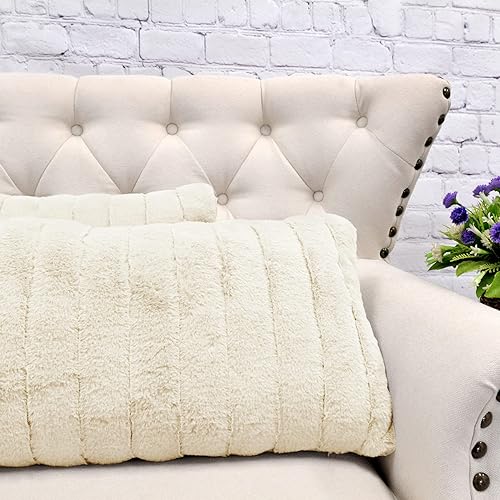 Miniatura 4 de Juego de 2 fundas de almohada decorativas de piel sintética a rayas con respaldo de sherpa de 14 x 26 pulgadas, fundas de almohada rectangulares de