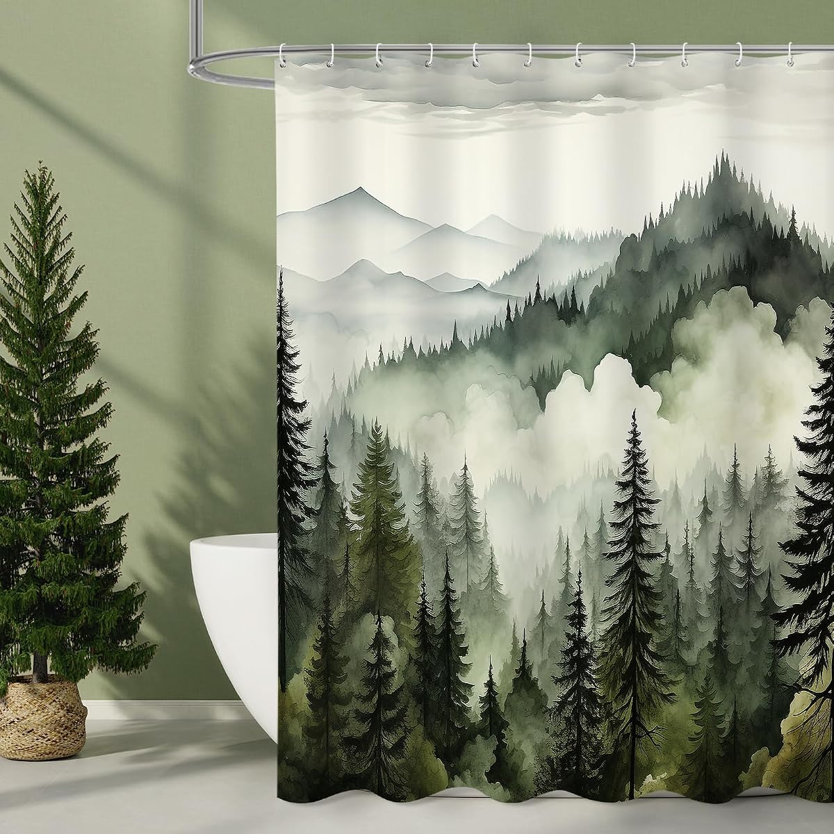 Dark Green Pine Forest Shower Curtain, Misty Woodland, 72 x 72 Inches