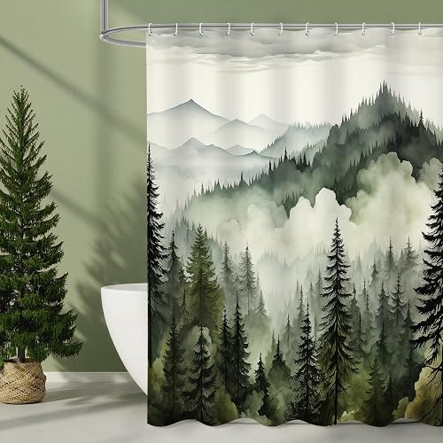 Litabel Dark Green Misty Pine Forest Shower Curtain, Mountain Foggy Woodland Scenery Tree Shower Curtains for Chic Rustic Bathroom, Abstract Modern Waterproof Nature-Themed Decor, 72x72 Inches